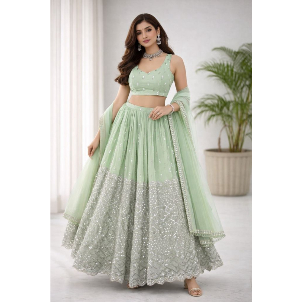 Mint Sequin Zari Embroidery Work Lehenga Choli
